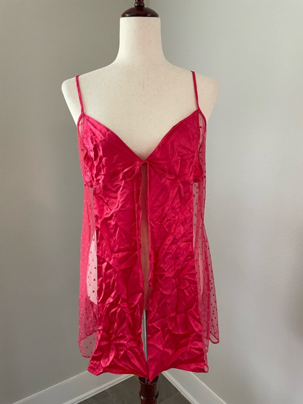 Victoria Secret Lingerie Red Satin and Lace Polka Dot Tie Front
